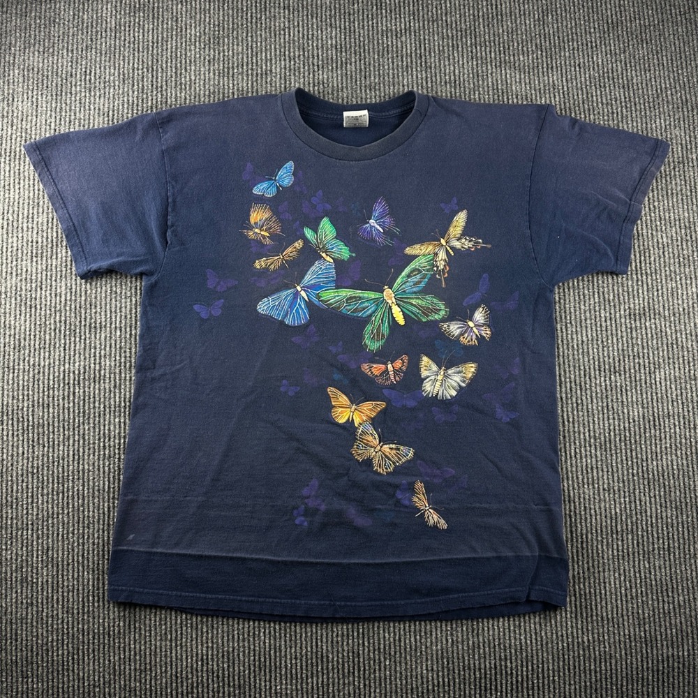 Vintage Fruit of the Loom Butterfly Graphic T-Shirt Mens XL Navy Blue Cotton Tee